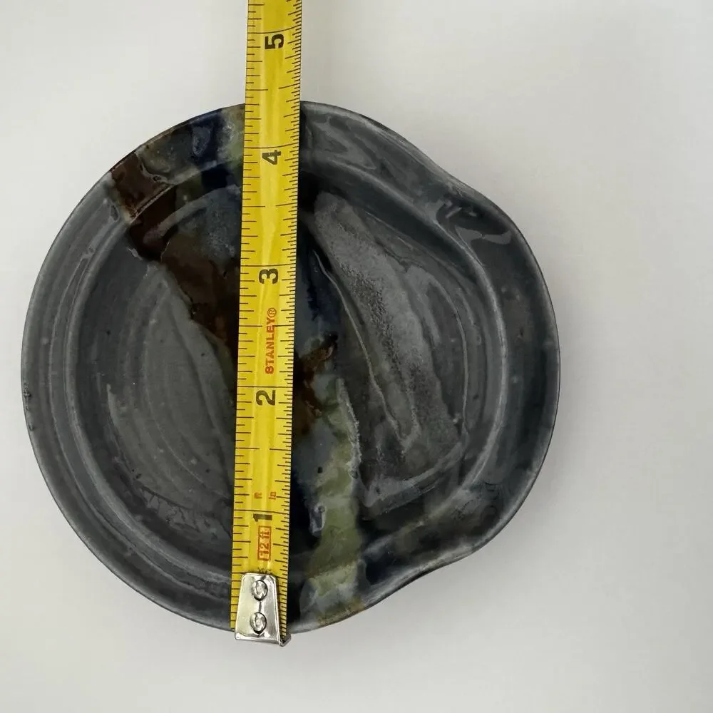 Studio Art Pottery Spoon Rest Bowl Dish Blue Gray Ocean Abstract Glazed Earthy
